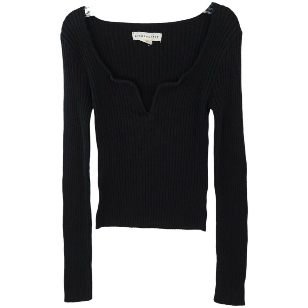 Aeropostale Long Sleeve Top Womens XS Black Deep Wire V Neck Ribbed Shirt